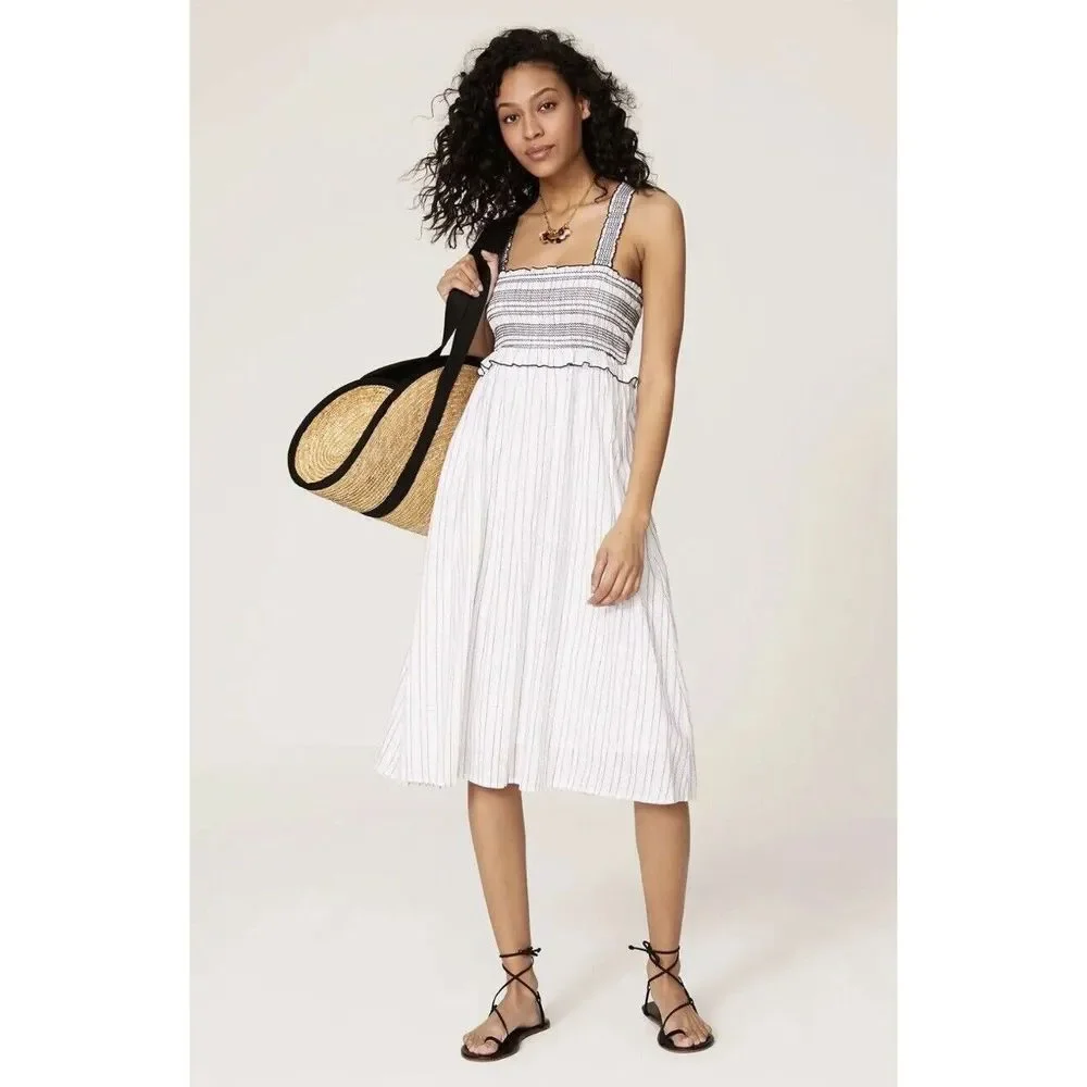 Pinko Basso White Black Striped Smocked Peasant Sundress Midi Dress Size S - Picture 1 of 11